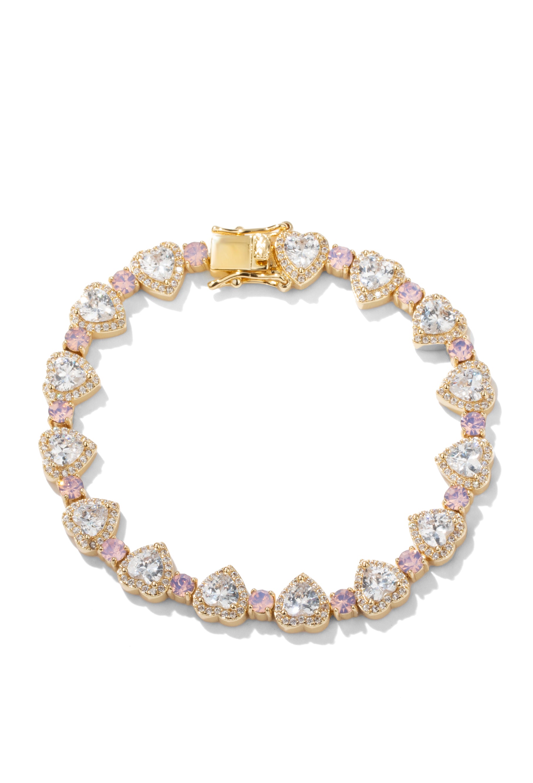 Gold Heart Tennis Bracelet w/ White Crystals & Pink Moonstone Crystals | Oomiay