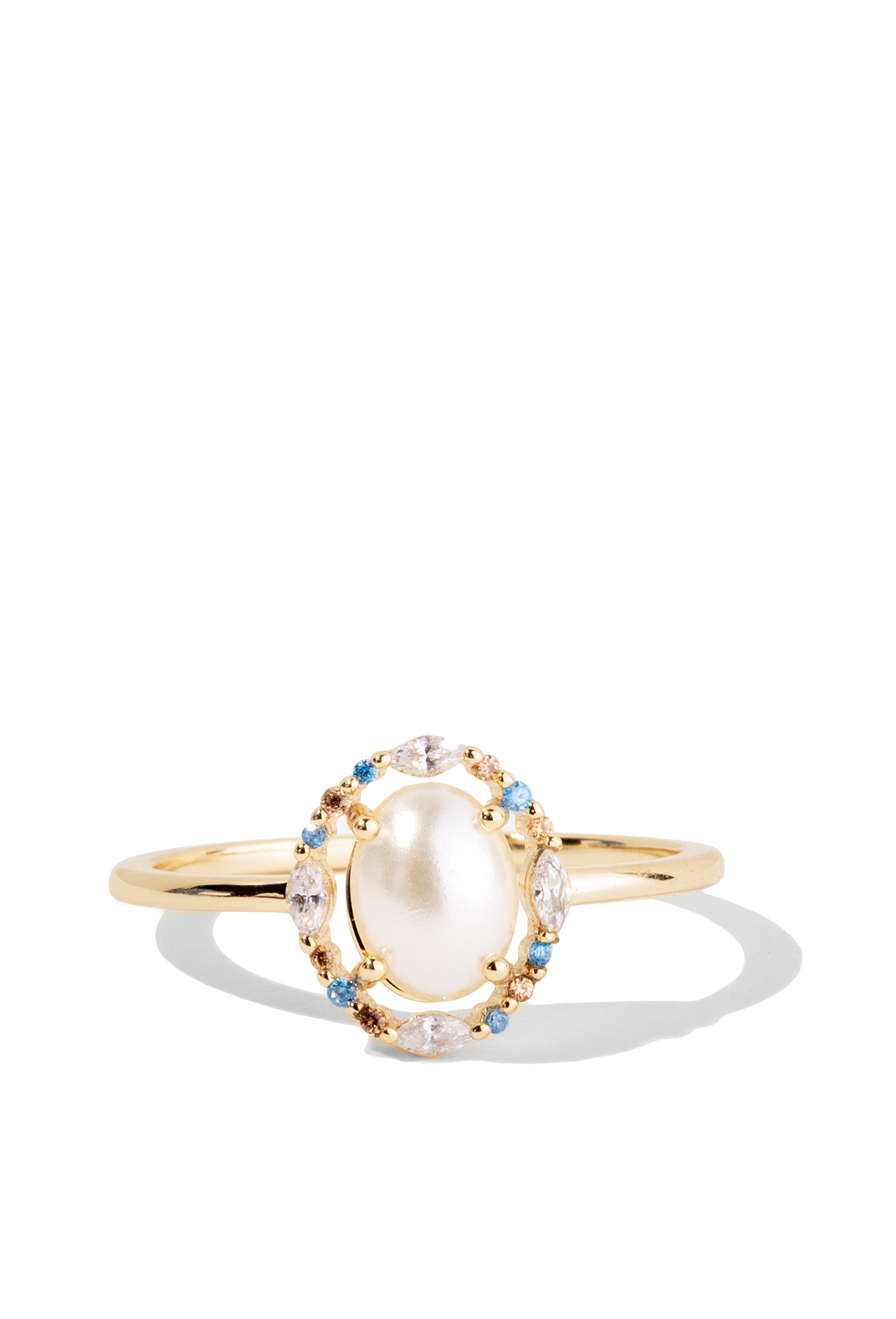 Gold Ring Featuring a Pearl Crystal + Halo of Blue, Peach, White Crystals | Kyoto by Oomiay