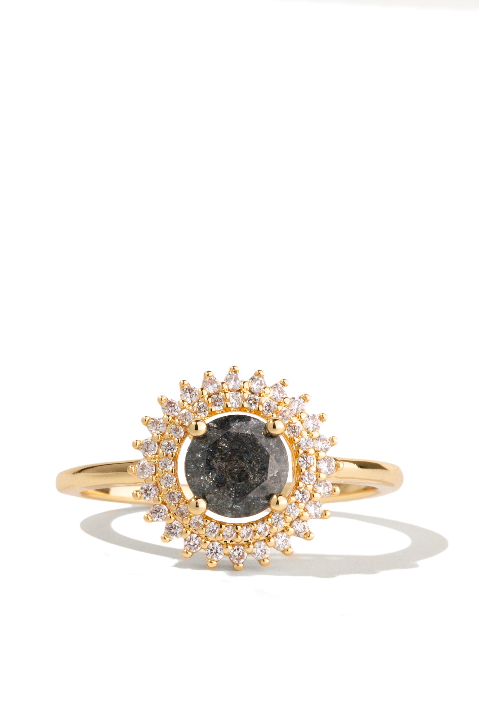 Gold Ring Featuring a Black Ice Crystal + Double Halo of Crystals | Art Deco by Oomiay