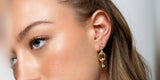 Plaza earrings worn with hair pulled back