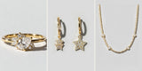 Sprinkle ring, Stellar earrings and the Gold Heart Tennis Necklace side by side