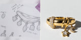 The original Spell ring sketch beside the finished Pixie ring with star and moon charms