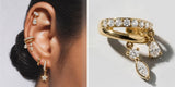 The Gold Dangle Ear Cuff worn on the rim of an ear, next to a studio shot of the same cuff