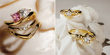 Oomiay gold rings stacked on cream, with crystal and star details