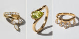 The Gold Dangle Ear Cuff, the Pistachio ring and the Spell ring side by side