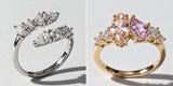 Serpent ring in sterling silver beside the gold Daydream ring with a peach marquise and a lavender pear