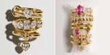 Two stacks of Oomiay gold rings with crystal and charm details