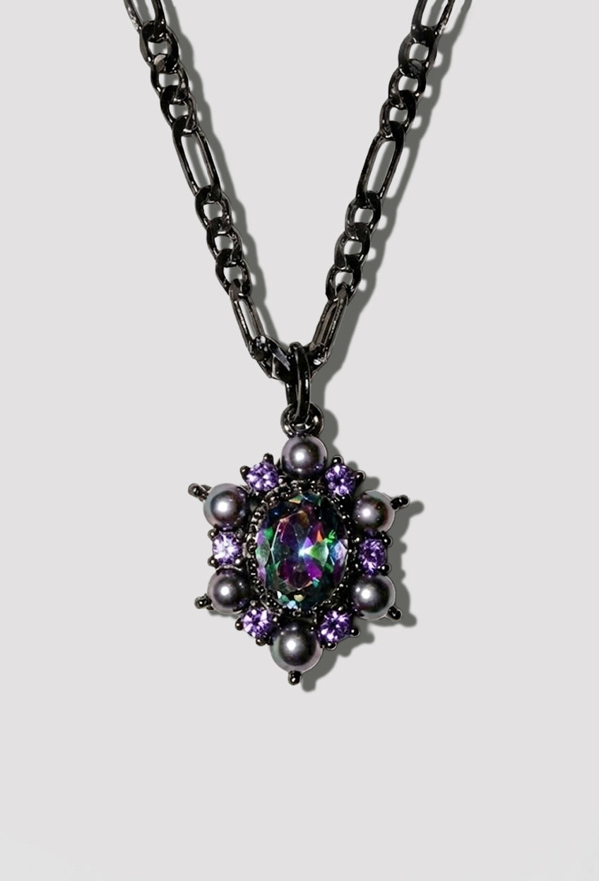 Black Gold Necklace Featuring a Mystic Topaz Crystal + Pearl