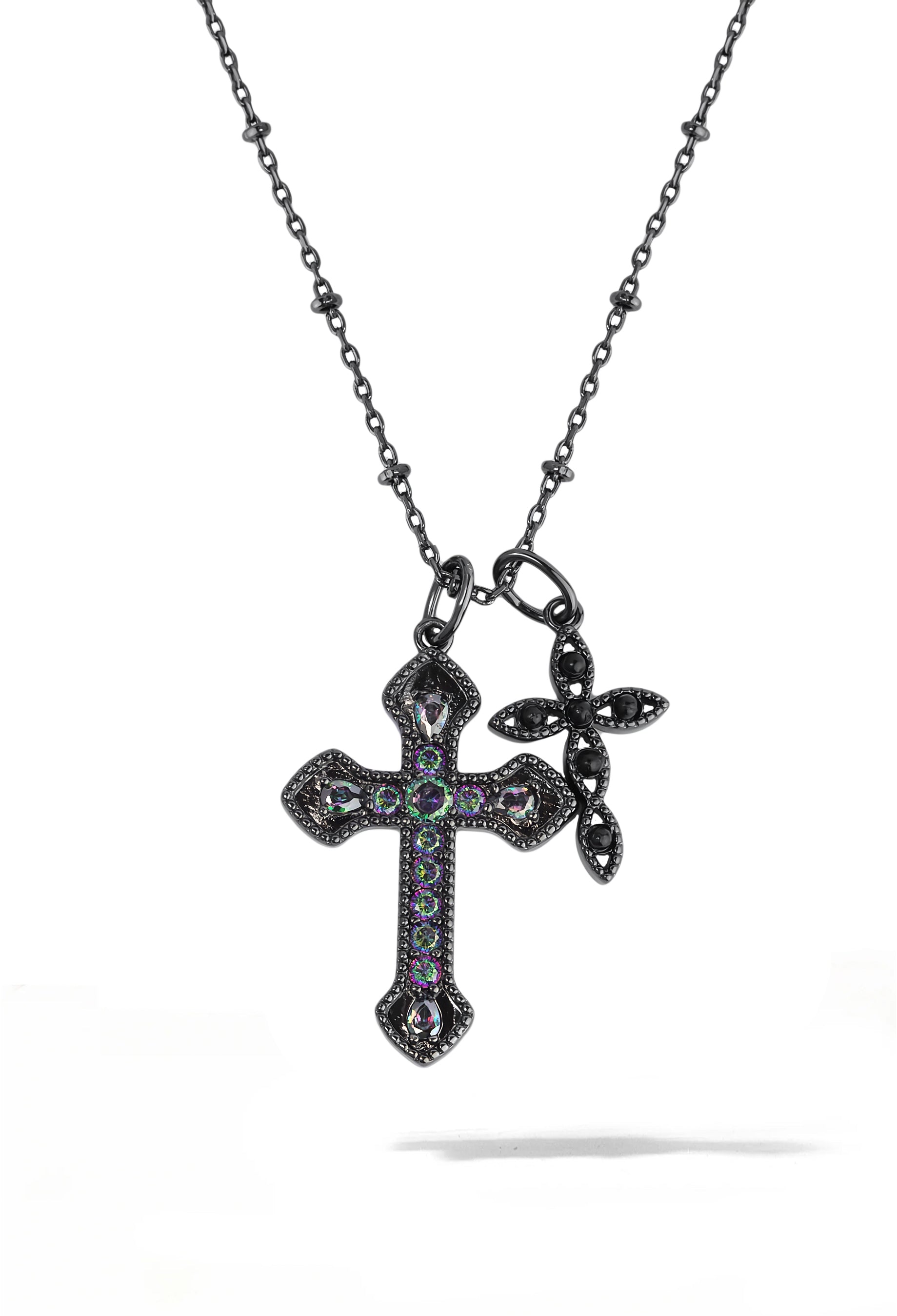 Double Pearl Cross Necklace - Black Gold