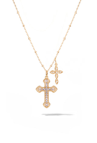 Double Pearl Cross Necklace - Gold