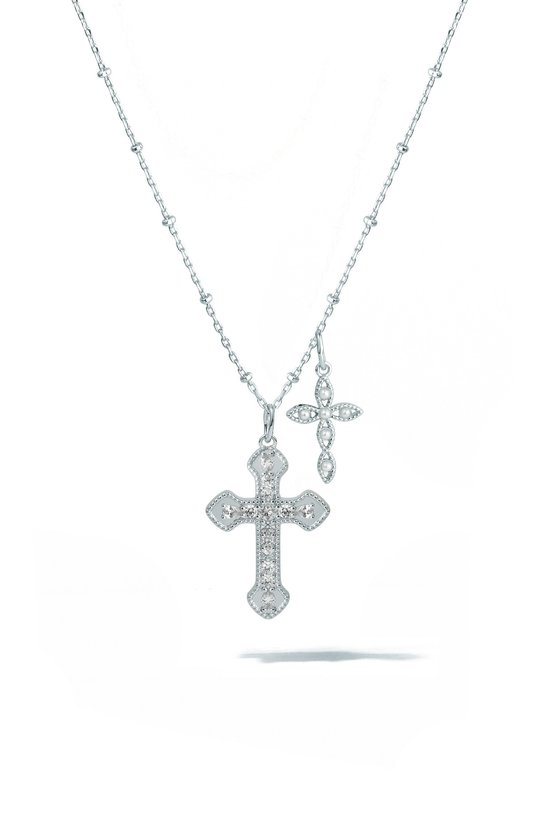 Double Pearl Cross Necklace - Silver
