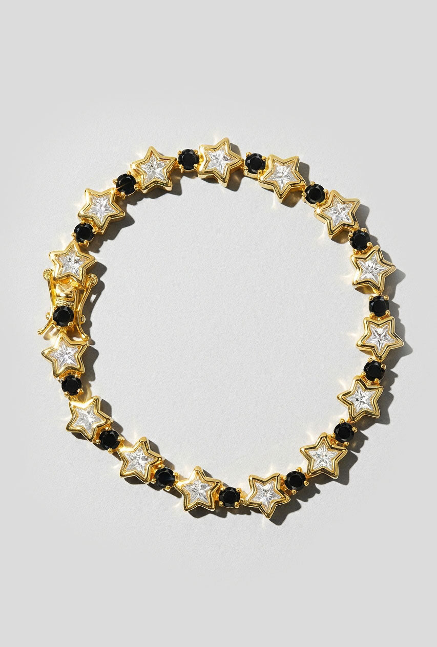 Gold Star Tennis Bracelet w/ White Star Crystals & Black Crystals