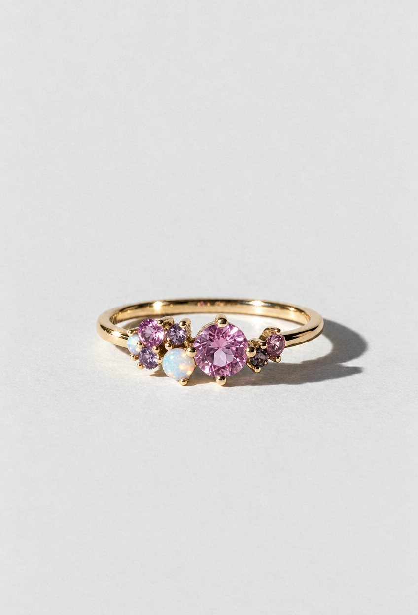 Bonbon Ring in 18k Heavy Gold+ with hand-set pink, brown, and lilac moonstone crystals