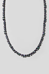 Mystic Topaz Mixed Shape Tennis Necklace. Hand-linked tennis necklace of mixed shape mystic topaz crystals: round, oval, pear, emerald cut, square and triangle