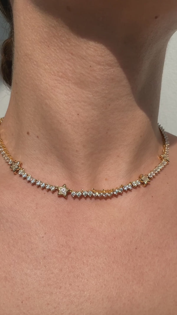 Gold Star Bezel Tennis Necklace