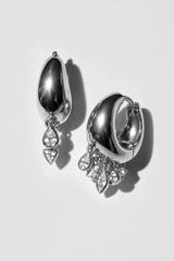 Silver Cascade Earrings. Chunky dome hoop with five bezel crystal charms: pear, marquise, round, square and triangle