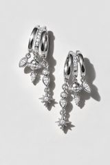 Silver Vesper Dangle Earrings. Stacked hoops with planet, marquise, pear and starburst crystal charms